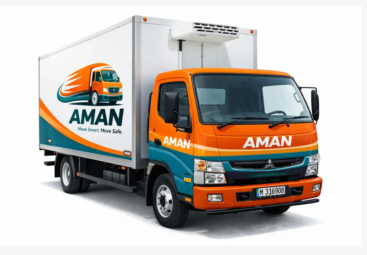 Aman box truck livery: orange cab, teal swoosh and the Aman wordmark on white
