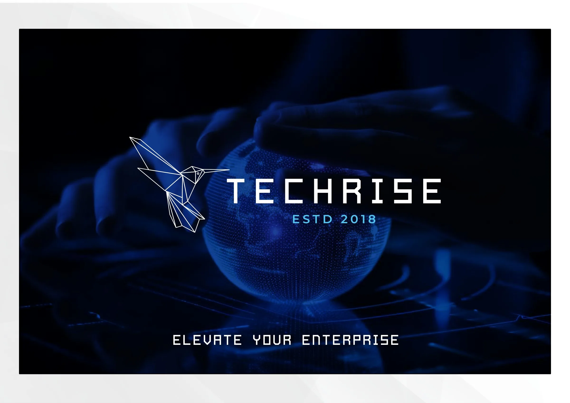 Techrise company profile cover: origami hummingbird logo on a dark network background