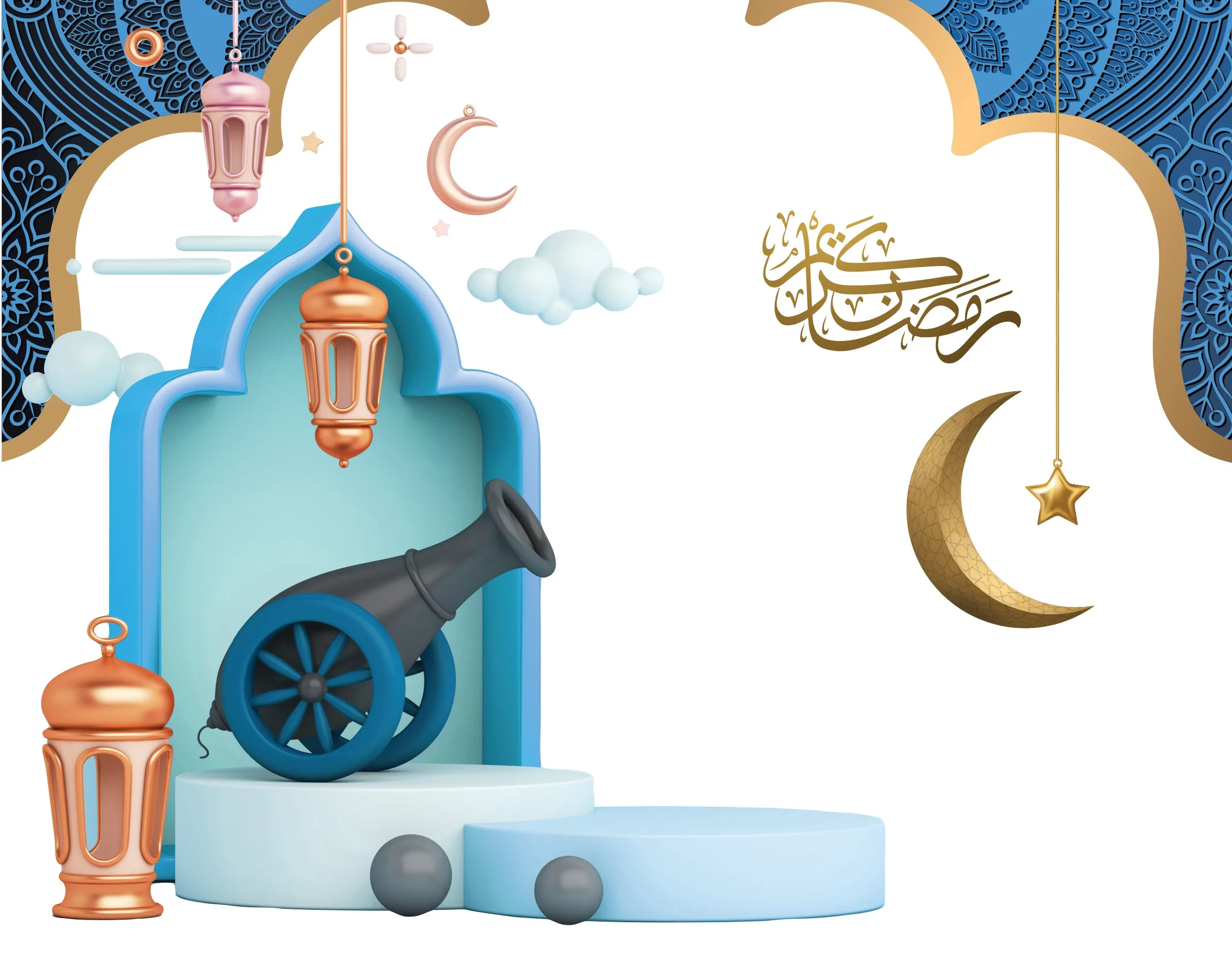 Ramadan storefront graphic: gold arch, lanterns and crescent on deep blue
