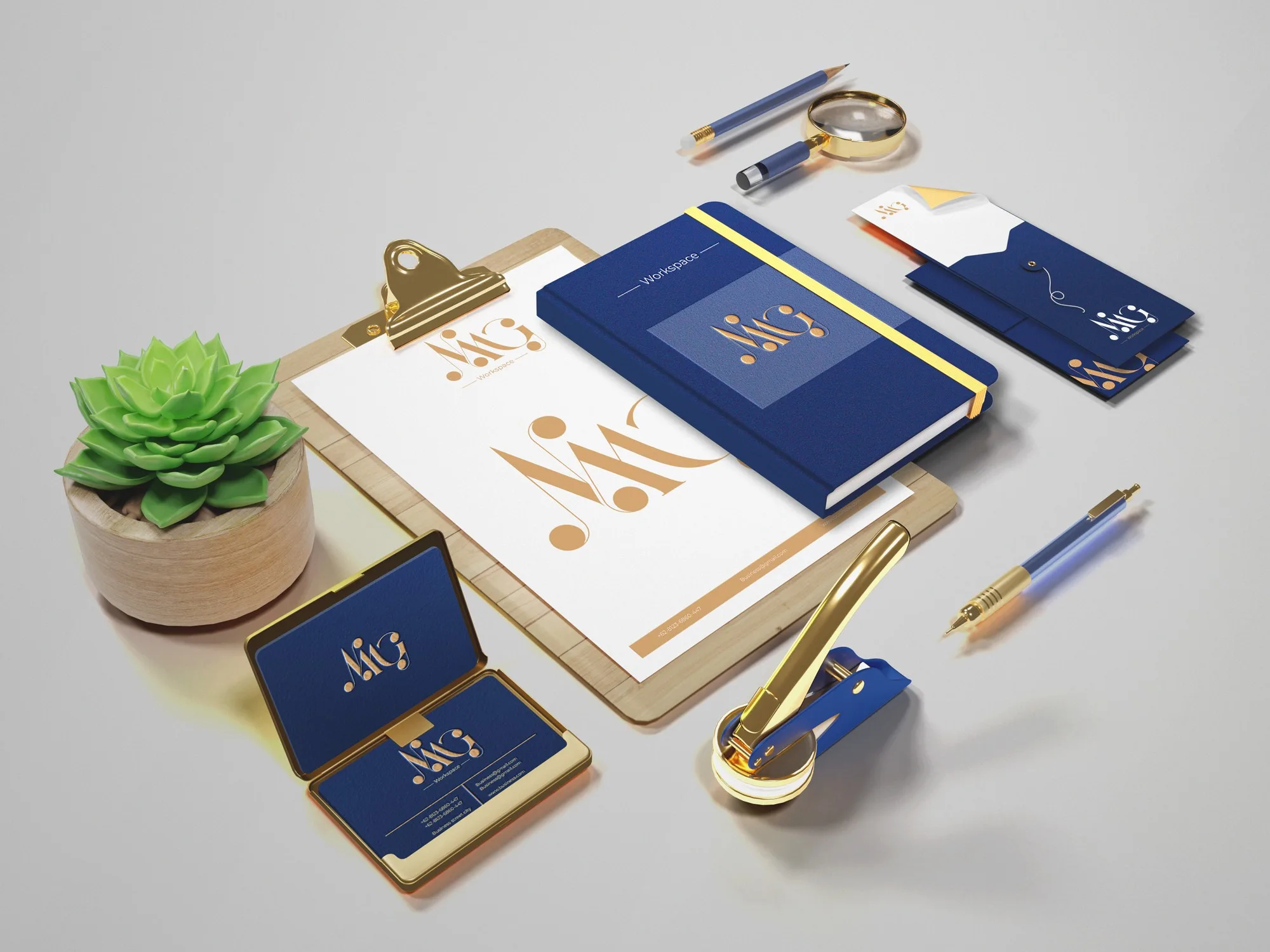 NMG stationery set: navy folders, gold pens and letterhead