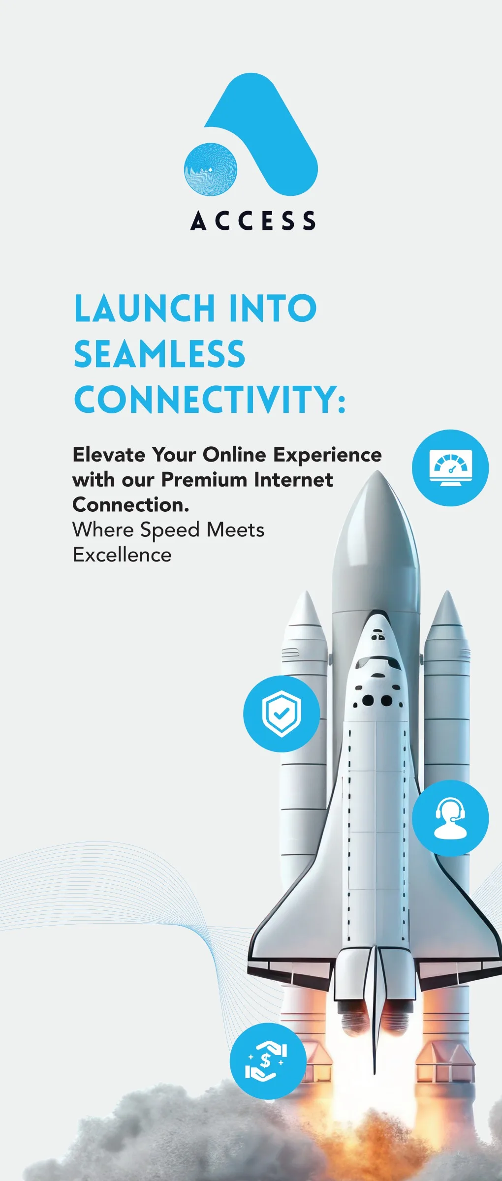 Roll-up banner: ‘Launch into seamless connectivity’ with a rocket