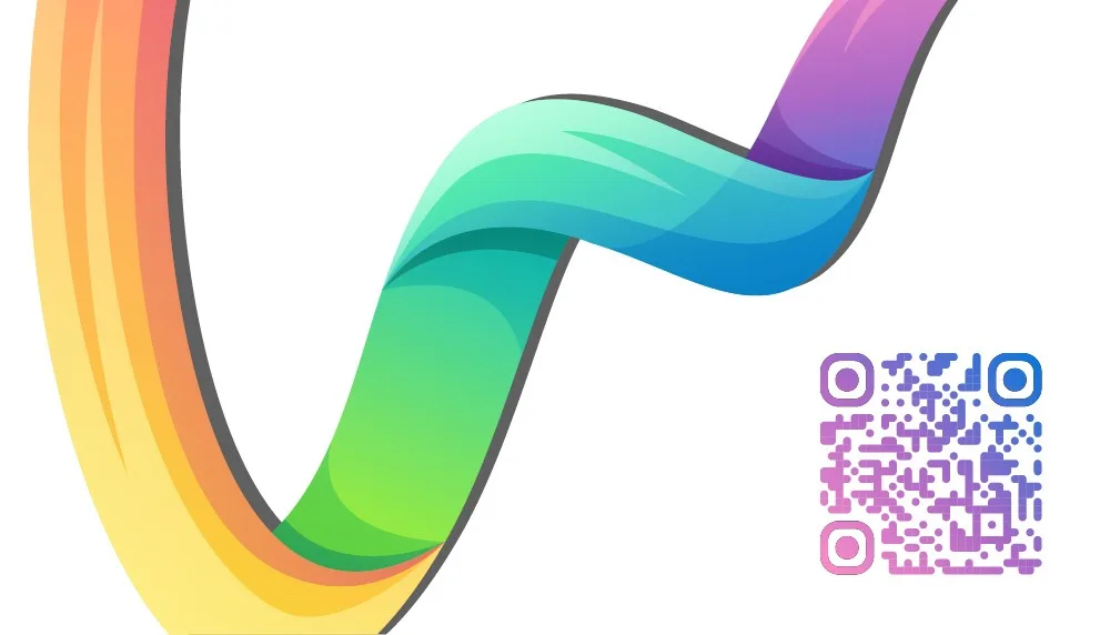 Cementia ribbon mark in gradient with a matching QR code