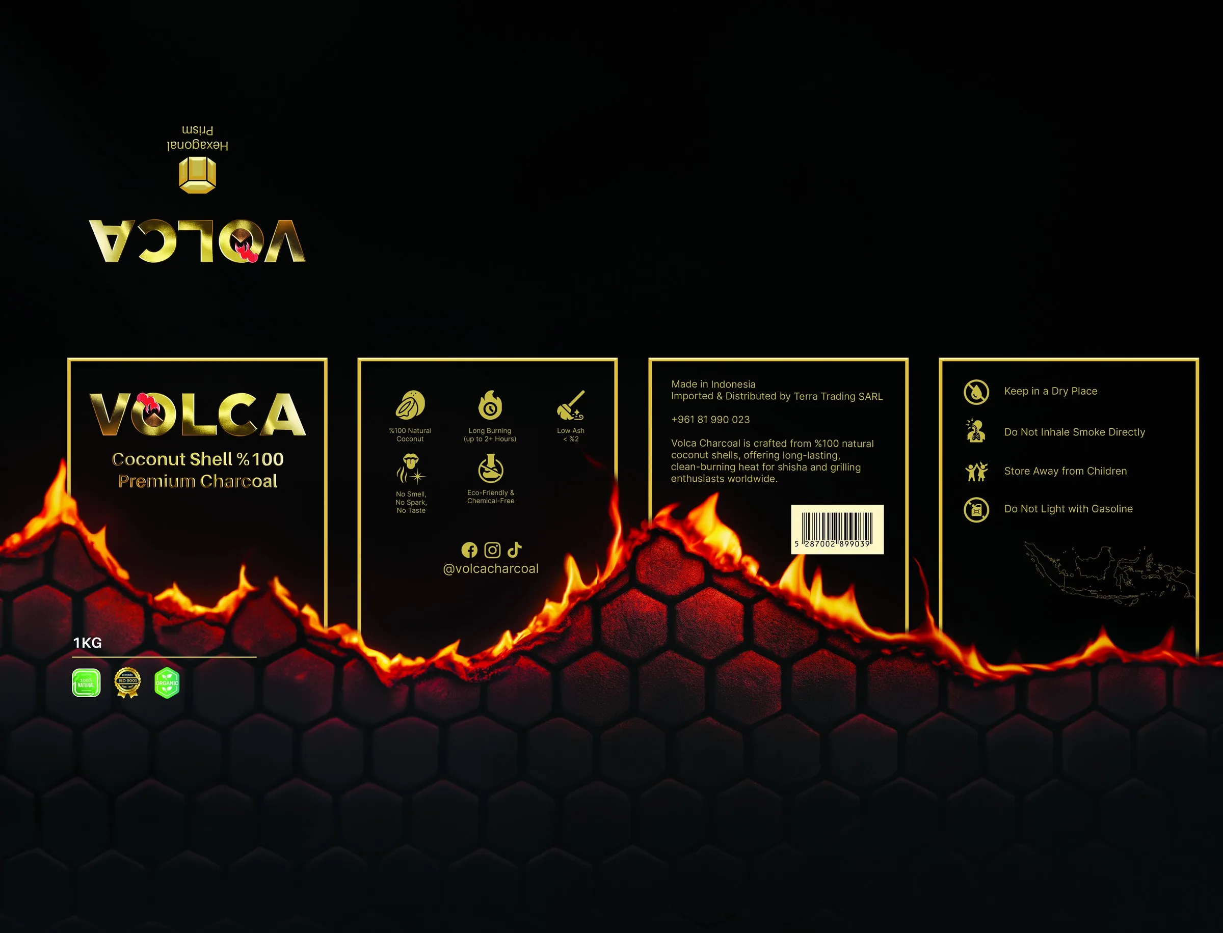 Volca Hexagonal Prism 1 kg box artwork, all panels