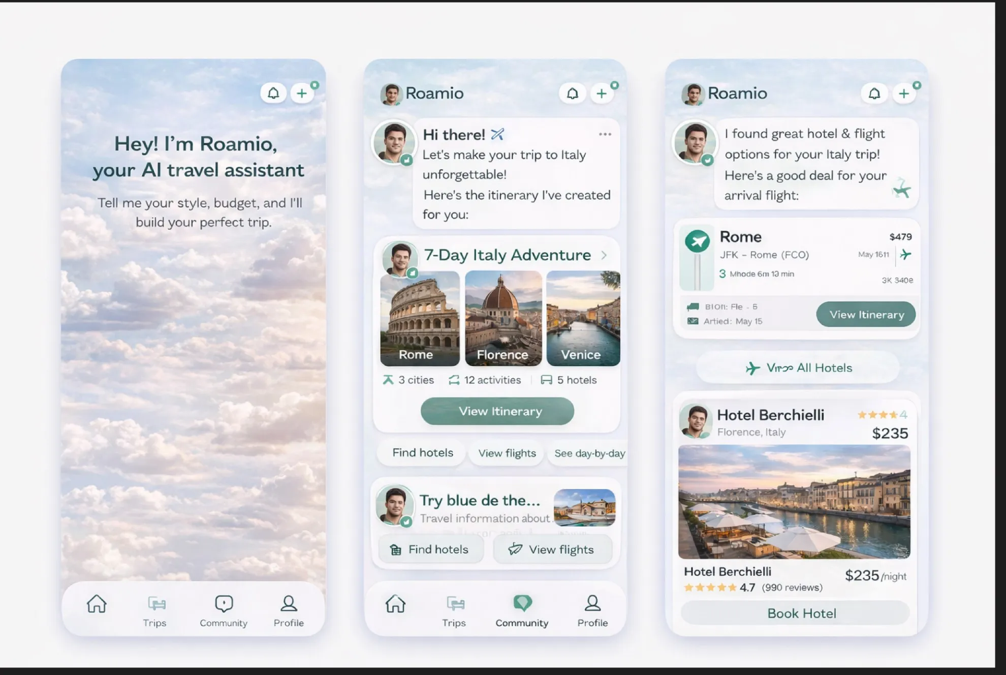 Roamio AI travel assistant screens
