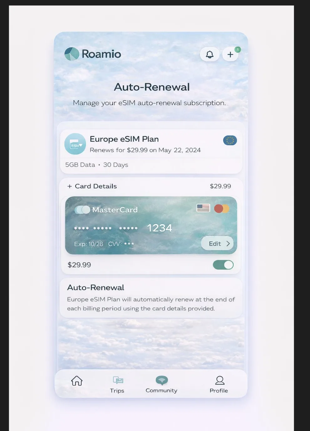 Auto-renewal screen with saved card