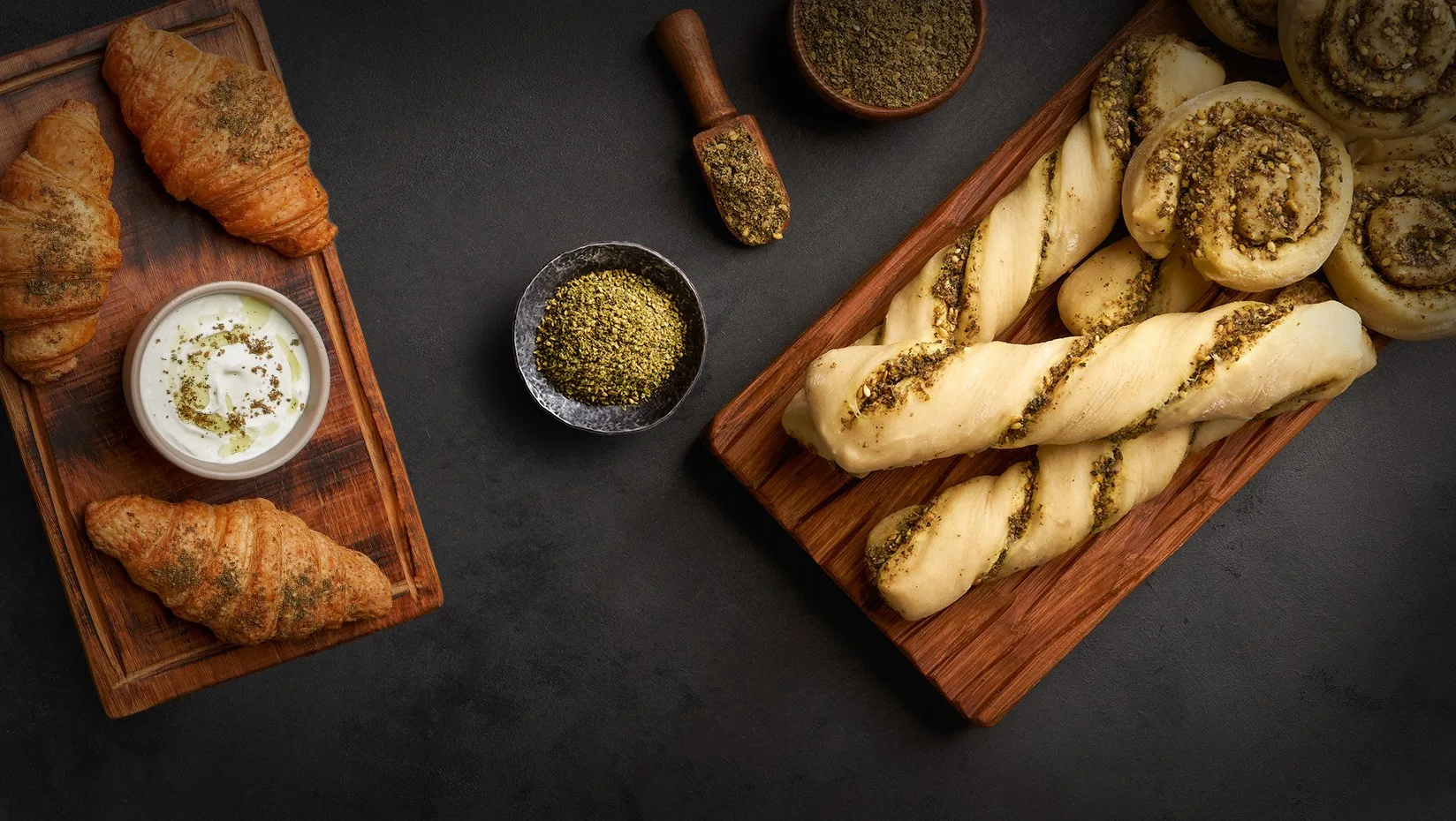 Editorial poster with zaatar bread and dips