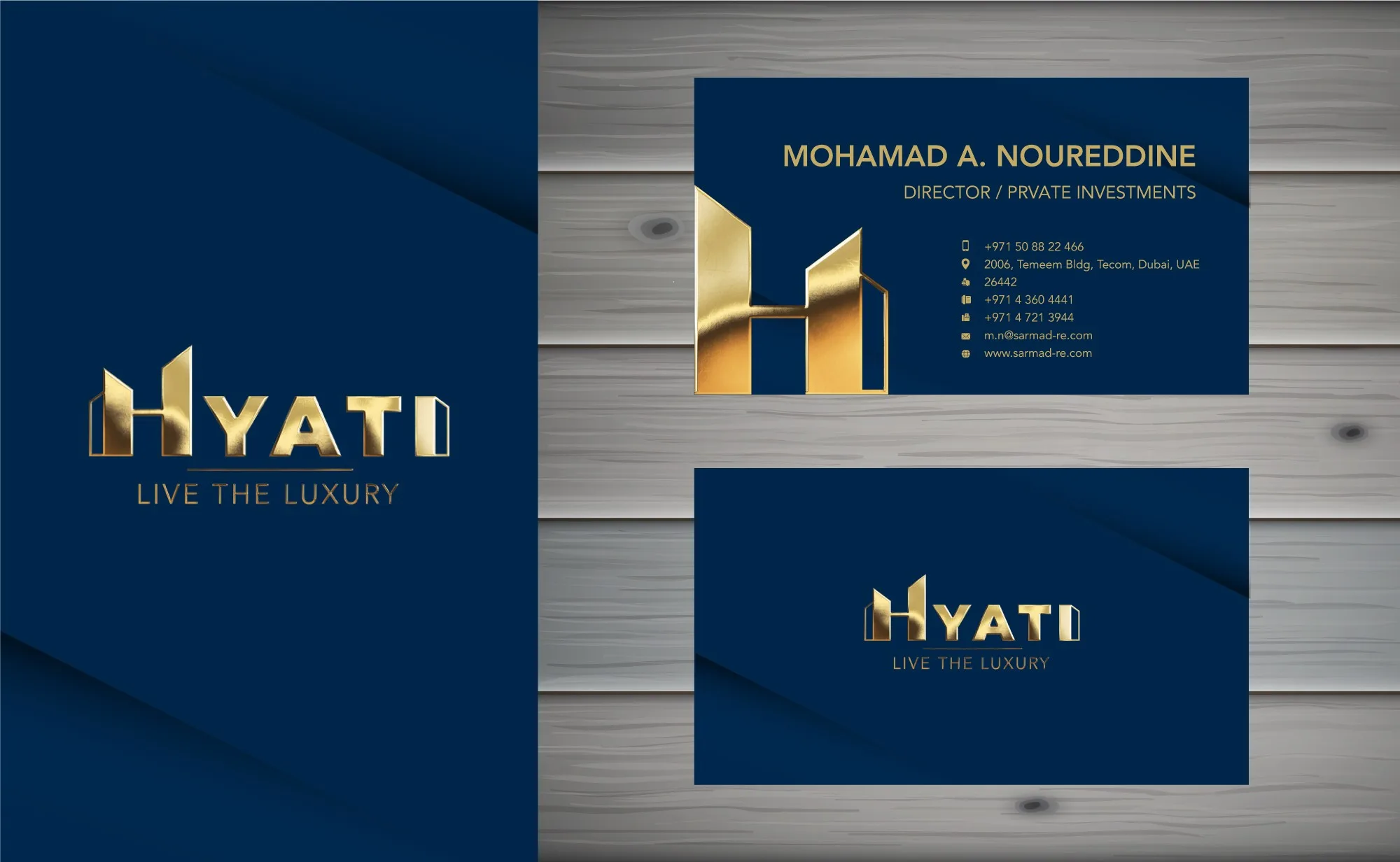 Hyati Residence business cards on wood