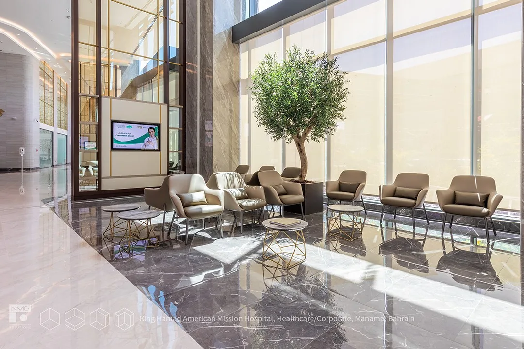 Waiting area with teal chairs