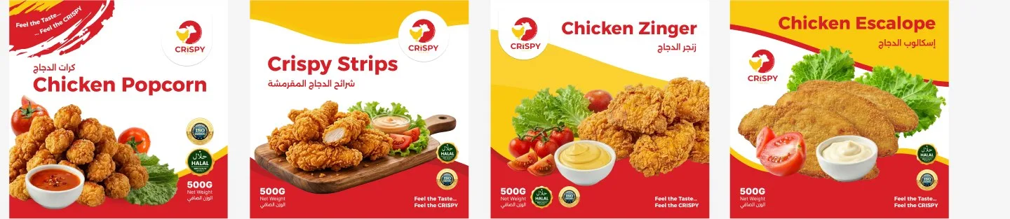 Four Crispy retail packs: Chicken Popcorn, Crispy Strips, Chicken Zinger, Chicken Escalope