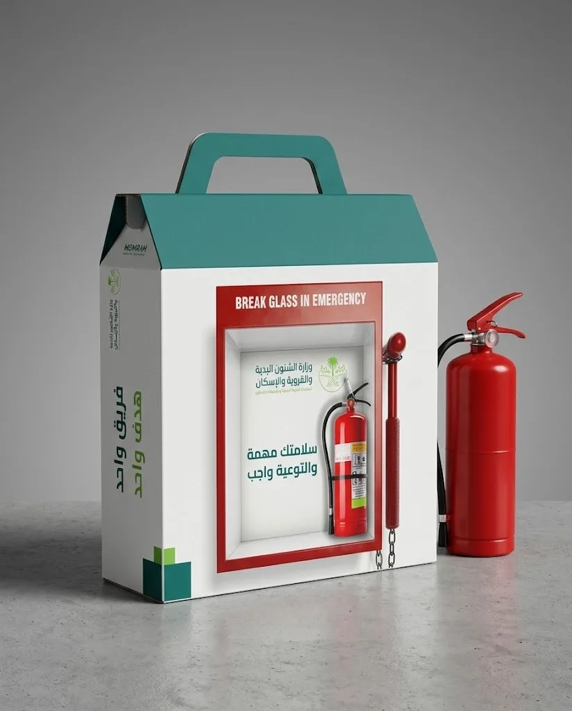 The assembled public-safety carry-box in green and white, MOMRAH mark and Arabic slogan on the face, next to a fire extinguisher