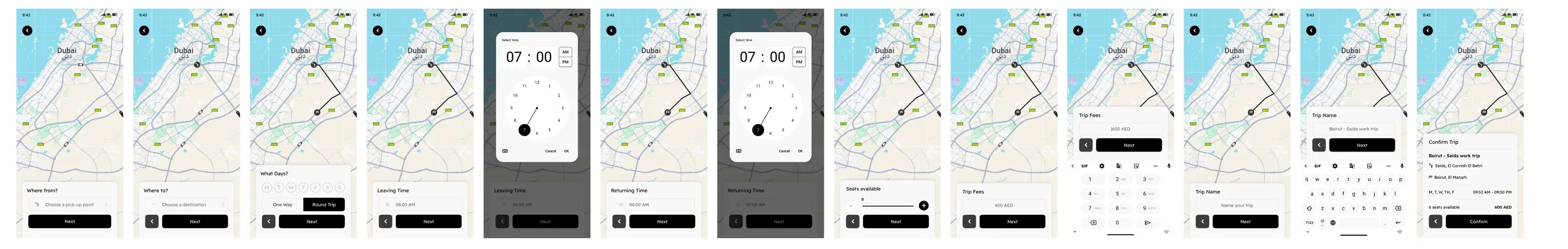 Add-trip flow: thirteen screens from pick-up point to confirmation on a Dubai map