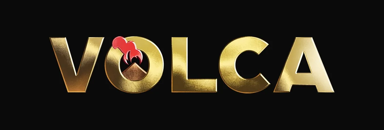 Volca logo: gold letters, the O holding a charcoal volcano with a red flame