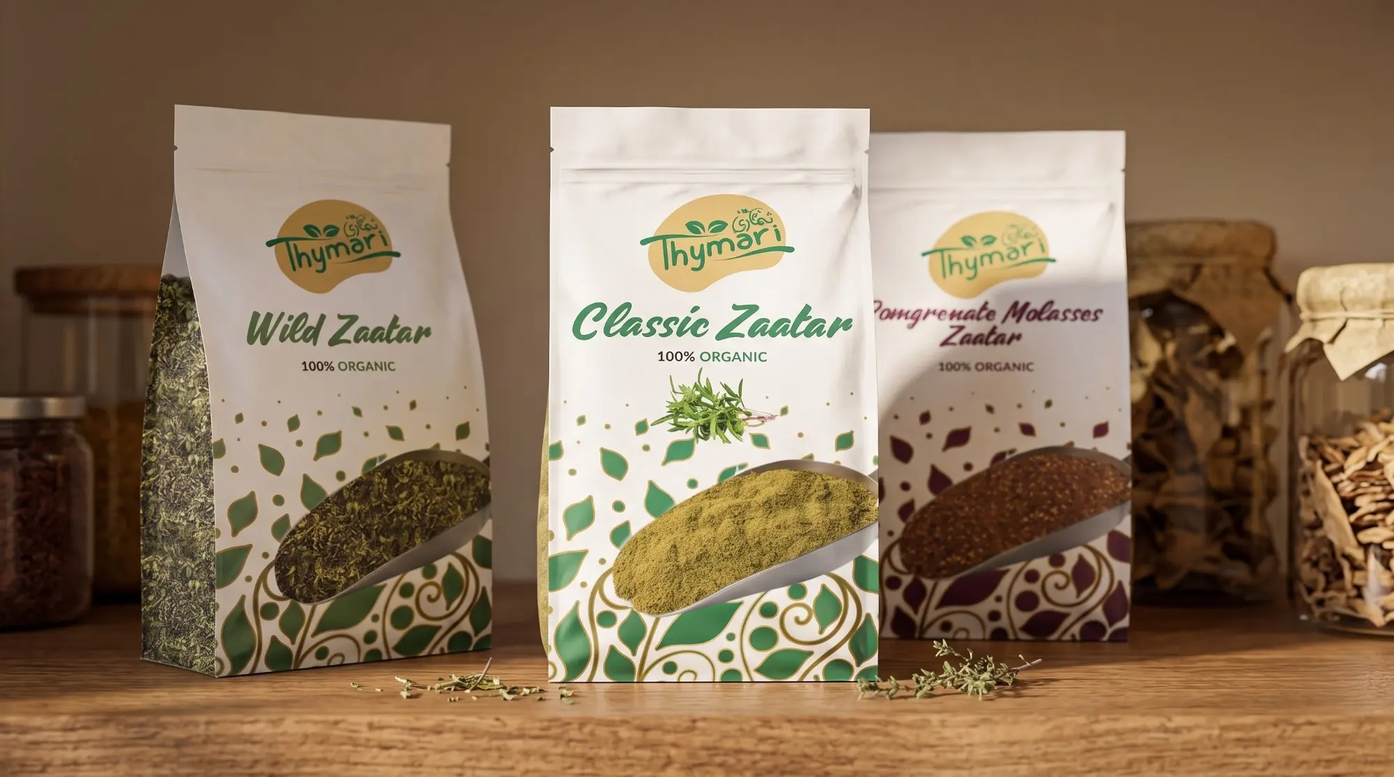 Thymari packaging: three zaatar pouches on a wooden shelf