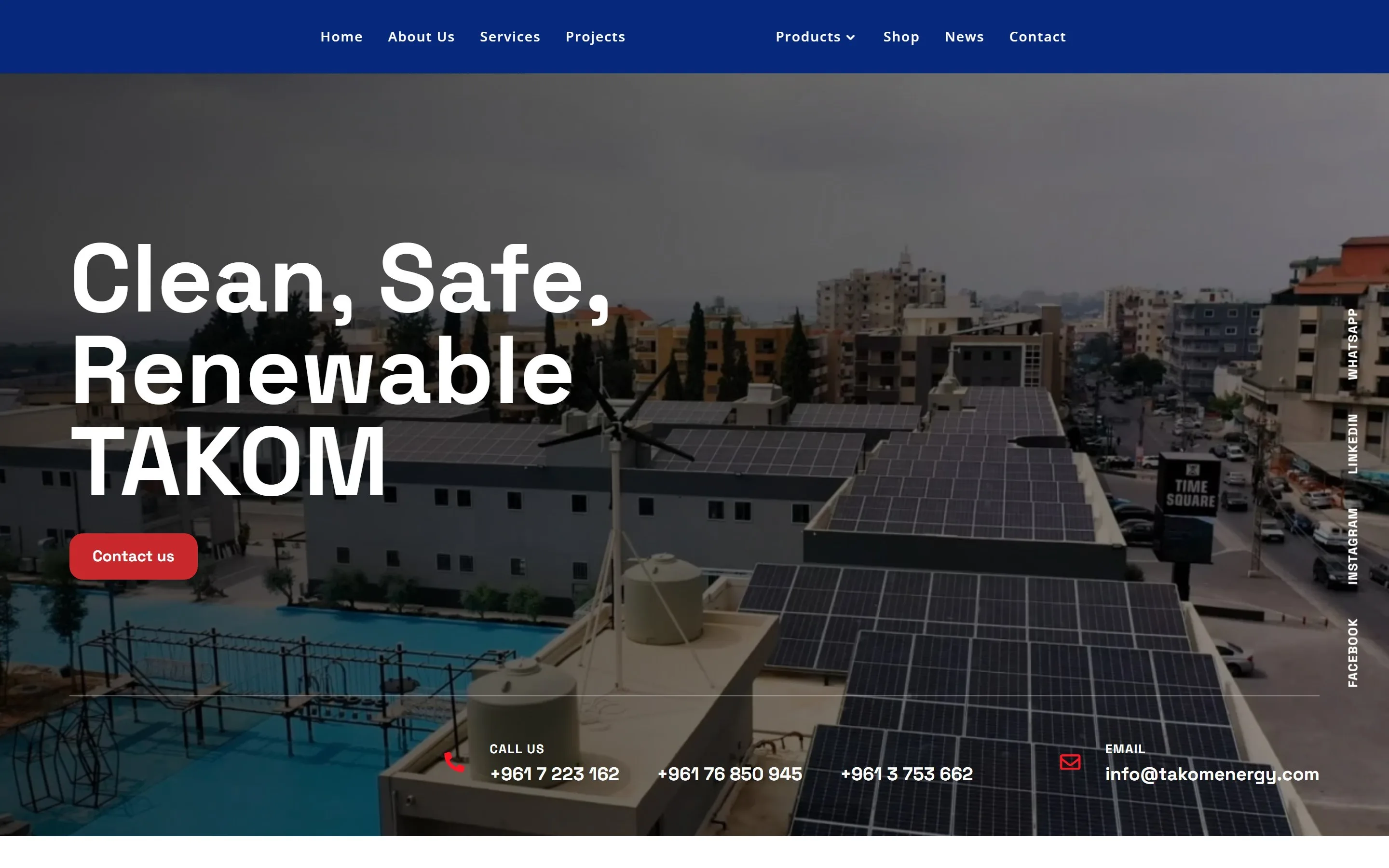 Takom Energy home page: ‘Clean, Safe, Renewable’ over a rooftop solar installation